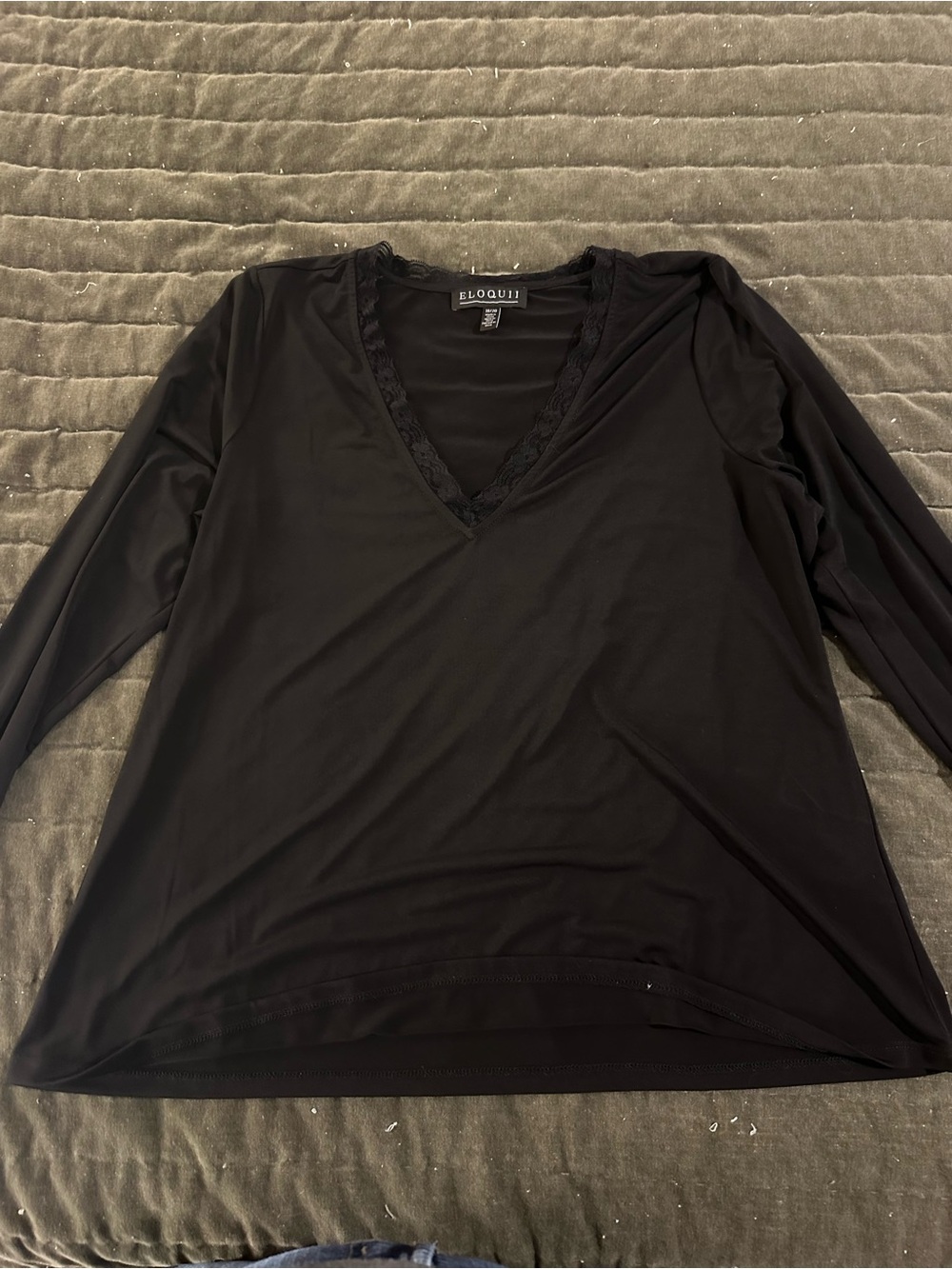 Eloquii Black Lace-Trim V-Neck Long Sleeve Top